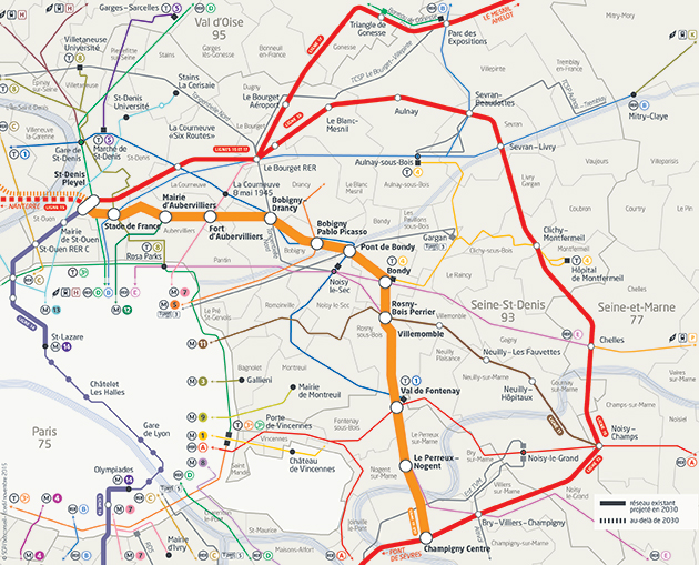 Carte de la ligne Grand Paris Express (partie est)